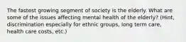 The fastest growing segment of society is the elderly. What are some of the issues affecting mental health of the elderly? (Hint, discrimination especially for ethnic groups, long term care, health care costs, etc.)