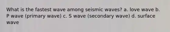 What is the fastest wave among seismic waves? a. love wave b. P wave (primary wave) c. S wave (secondary wave) d. surface wave