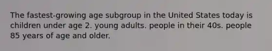 The fastest-growing age subgroup in the United States today is children under age 2. young adults. people in their 40s. people 85 years of age and older.