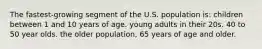 The fastest-growing segment of the U.S. population is: children between 1 and 10 years of age. young adults in their 20s. 40 to 50 year olds. the older population, 65 years of age and older.