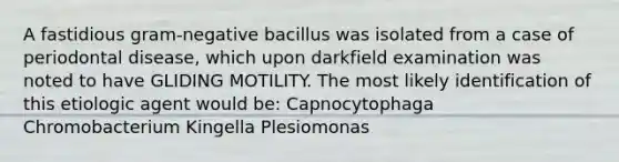 A fastidious gram-negative bacillus was isolated from a case of periodontal disease, which upon darkfield examination was noted to have GLIDING MOTILITY. The most likely identification of this etiologic agent would be: Capnocytophaga Chromobacterium Kingella Plesiomonas