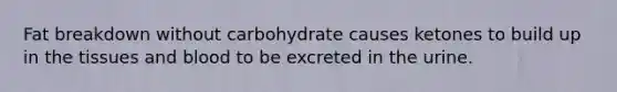 Fat breakdown without carbohydrate causes ketones to build up in the tissues and blood to be excreted in the urine.