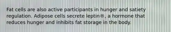 Fat cells are also active participants in hunger and satiety regulation. Adipose cells secrete leptin®, a hormone that reduces hunger and inhibits fat storage in the body.