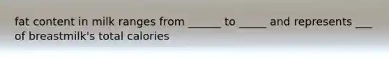 fat content in milk ranges from ______ to _____ and represents ___ of breastmilk's total calories