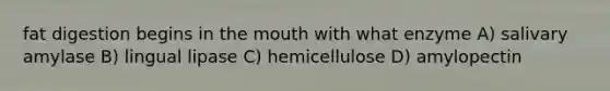 fat digestion begins in the mouth with what enzyme A) salivary amylase B) lingual lipase C) hemicellulose D) amylopectin