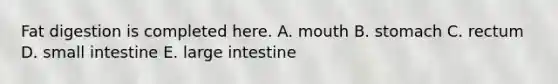 Fat digestion is completed here. A. mouth B. stomach C. rectum D. small intestine E. large intestine