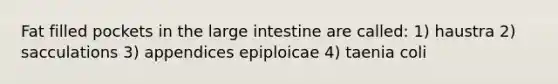 Fat filled pockets in the <a href='https://www.questionai.com/knowledge/kGQjby07OK-large-intestine' class='anchor-knowledge'>large intestine</a> are called: 1) haustra 2) sacculations 3) appendices epiploicae 4) taenia coli