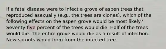 If a fatal disease were to infect a grove of aspen trees that reproduced asexually (e.g., the trees are clones), which of the following effects on the aspen grove would be most likely? Seventy-five percent of the trees would die. Half of the trees would die. The entire grove would die as a result of infection. New sprouts would form from the infected tree.