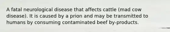 A fatal neurological disease that affects cattle (mad cow disease). It is caused by a prion and may be transmitted to humans by consuming contaminated beef by-products.