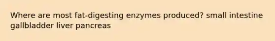 Where are most fat-digesting enzymes produced? small intestine gallbladder liver pancreas