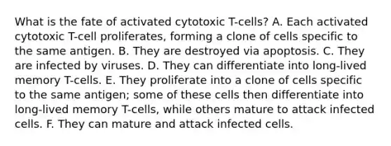 What is the fate of activated cytotoxic T-cells? A. Each activated cytotoxic T-cell proliferates, forming a clone of cells specific to the same antigen. B. They are destroyed via apoptosis. C. They are infected by viruses. D. They can differentiate into long-lived memory T-cells. E. They proliferate into a clone of cells specific to the same antigen; some of these cells then differentiate into long-lived memory T-cells, while others mature to attack infected cells. F. They can mature and attack infected cells.