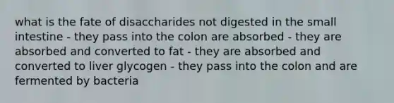 what is the fate of disaccharides not digested in the small intestine - they pass into the colon are absorbed - they are absorbed and converted to fat - they are absorbed and converted to liver glycogen - they pass into the colon and are fermented by bacteria