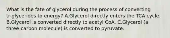 What is the fate of glycerol during the process of converting triglycerides to energy? A.Glycerol directly enters the TCA cycle. B.Glycerol is converted directly to acetyl CoA. C.Glycerol (a three-carbon molecule) is converted to pyruvate.