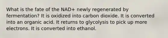 What is the fate of the NAD+ newly regenerated by fermentation? It is oxidized into carbon dioxide. It is converted into an organic acid. It returns to glycolysis to pick up more electrons. It is converted into ethanol.