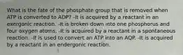 What is the fate of the phosphate group that is removed when ATP is converted to ADP? -It is acquired by a reactant in an exergonic reaction. -It is broken down into one phosphorus and four oxygen atoms. -It is acquired by a reactant in a spontaneous reaction. -It is used to convert an ATP into an AQP. -It is acquired by a reactant in an endergonic reaction.