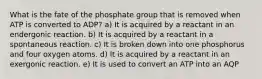 What is the fate of the phosphate group that is removed when ATP is converted to ADP? a) It is acquired by a reactant in an endergonic reaction. b) It is acquired by a reactant in a spontaneous reaction. c) It is broken down into one phosphorus and four oxygen atoms. d) It is acquired by a reactant in an exergonic reaction. e) It is used to convert an ATP into an AQP