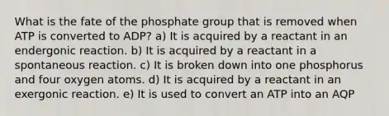 What is the fate of the phosphate group that is removed when ATP is converted to ADP? a) It is acquired by a reactant in an endergonic reaction. b) It is acquired by a reactant in a spontaneous reaction. c) It is broken down into one phosphorus and four oxygen atoms. d) It is acquired by a reactant in an exergonic reaction. e) It is used to convert an ATP into an AQP