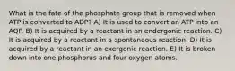 What is the fate of the phosphate group that is removed when ATP is converted to ADP? A) It is used to convert an ATP into an AQP. B) It is acquired by a reactant in an endergonic reaction. C) It is acquired by a reactant in a spontaneous reaction. D) It is acquired by a reactant in an exergonic reaction. E) It is broken down into one phosphorus and four oxygen atoms.