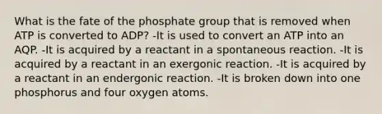 What is the fate of the phosphate group that is removed when ATP is converted to ADP? -It is used to convert an ATP into an AQP. -It is acquired by a reactant in a spontaneous reaction. -It is acquired by a reactant in an exergonic reaction. -It is acquired by a reactant in an endergonic reaction. -It is broken down into one phosphorus and four oxygen atoms.