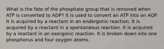 What is the fate of the phosphate group that is removed when ATP is converted to ADP? It is used to convert an ATP into an AQP. It is acquired by a reactant in an endergonic reaction. It is acquired by a reactant in a spontaneous reaction. It is acquired by a reactant in an exergonic reaction. It is broken down into one phosphorus and four oxygen atoms.