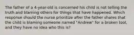 The father of a 4-year-old is concerned his child is not telling the truth and blaming others for things that have happened. Which response should the nurse prioritize after the father shares that the child is blaming someone named "Andrew" for a broken tool, and they have no idea who this is?