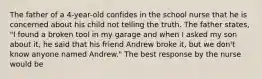 The father of a 4-year-old confides in the school nurse that he is concerned about his child not telling the truth. The father states, "I found a broken tool in my garage and when I asked my son about it, he said that his friend Andrew broke it, but we don't know anyone named Andrew." The best response by the nurse would be