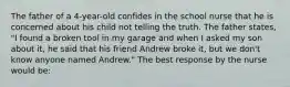 The father of a 4-year-old confides in the school nurse that he is concerned about his child not telling the truth. The father states, "I found a broken tool in my garage and when I asked my son about it, he said that his friend Andrew broke it, but we don't know anyone named Andrew." The best response by the nurse would be: