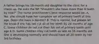 A father brings his 18-month-old daughter to the clinic for a check-up. He asks the NP "Shouldn't she have more than 6 teeth by now?" The nurse practitioner's best response would be: A. Yes, she should have her complete set of primary teeth at this age. Does she have a dentist? B. This is normal, but please let me know if she has not cut all of her teeth by 24 months of age. C. Some children do not cut their full set of primary teeth until age 4 D. Some children may cut teeth as late as 16 months old. She is developing normally and should have all 20 teeth by her 3rd birthday.