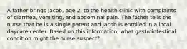 A father brings Jacob, age 2, to the health clinic with complaints of diarrhea, vomiting, and abdominal pain. The father tells the nurse that he is a single parent and Jacob is enrolled in a local daycare center. Based on this information, what gastrointestinal condition might the nurse suspect?