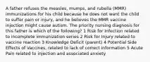 A father refuses the measles, mumps, and rubella (MMR) immunizations for his child because he does not want the child to suffer pain or injury, and he believes the MMR vaccine injection might cause autism. The priority nursing diagnosis for this father is which of the following? 1 Risk for Infection related to incomplete immunization series 2 Risk for Injury related to vaccine reaction 3 Knowledge Deficit (parent) 4 Potential Side Effects of Vaccines, related to lack of correct information 5 Acute Pain related to injection and associated anxiety