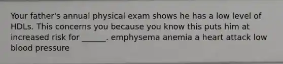 Your father's annual physical exam shows he has a low level of HDLs. This concerns you because you know this puts him at increased risk for ______. emphysema anemia a heart attack low blood pressure