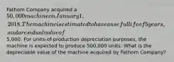 Fathom Company acquired a 50,000 machine on January 1, 2018. The machine is estimated to have a useful life of 5 years, and a residual value of5,000. For units-of-production depreciation purposes, the machine is expected to produce 500,000 units. What is the depreciable value of the machine acquired by Fathom Company?