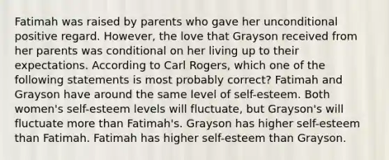 Fatimah was raised by parents who gave her unconditional positive regard. However, the love that Grayson received from her parents was conditional on her living up to their expectations. According to Carl Rogers, which one of the following statements is most probably correct? Fatimah and Grayson have around the same level of self-esteem. Both women's self-esteem levels will fluctuate, but Grayson's will fluctuate more than Fatimah's. Grayson has higher self-esteem than Fatimah. Fatimah has higher self-esteem than Grayson.