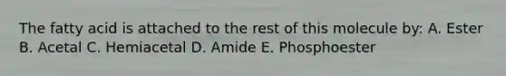 The fatty acid is attached to the rest of this molecule by: A. Ester B. Acetal C. Hemiacetal D. Amide E. Phosphoester