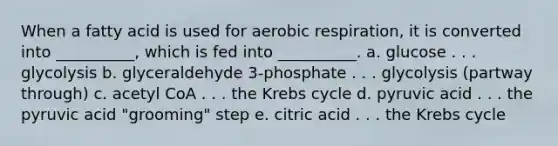 When a fatty acid is used for <a href='https://www.questionai.com/knowledge/kyxGdbadrV-aerobic-respiration' class='anchor-knowledge'>aerobic respiration</a>, it is converted into __________, which is fed into __________. a. glucose . . . glycolysis b. glyceraldehyde 3-phosphate . . . glycolysis (partway through) c. acetyl CoA . . . the <a href='https://www.questionai.com/knowledge/kqfW58SNl2-krebs-cycle' class='anchor-knowledge'>krebs cycle</a> d. pyruvic acid . . . the pyruvic acid "grooming" step e. citric acid . . . the Krebs cycle