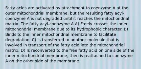 Fatty acids are activated by attachment to coenzyme A at the outer mitochondrial membrane, but the resulting fatty acyl-coenzyme A is not degraded until it reaches the mitochondrial matrix. The fatty acyl-coenzyme A A) Freely crosses the inner mitochondrial membrane due to its hydrophobic character. B) Binds to the inner mitochondrial membrane to facilitate degradation. C) Is transferred to another molecule that is involved in transport of the fatty acid into the mitochondrial matrix. D) Is reconverted to the free fatty acid on one side of the inner mitochondrial membrane, then is reattached to coenzyme A on the other side of the membrane.