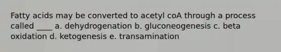 Fatty acids may be converted to acetyl coA through a process called ____ a. dehydrogenation b. gluconeogenesis c. beta oxidation d. ketogenesis e. transamination