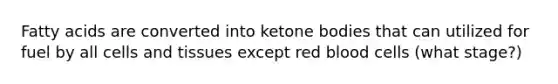 Fatty acids are converted into ketone bodies that can utilized for fuel by all cells and tissues except red blood cells (what stage?)