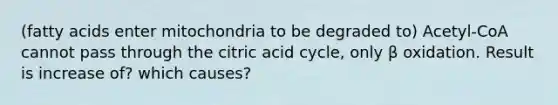 (fatty acids enter mitochondria to be degraded to) Acetyl-CoA cannot pass through the citric acid cycle, only β oxidation. Result is increase of? which causes?