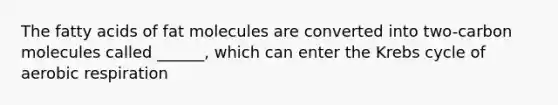 The fatty acids of fat molecules are converted into two-carbon molecules called ______, which can enter the <a href='https://www.questionai.com/knowledge/kqfW58SNl2-krebs-cycle' class='anchor-knowledge'>krebs cycle</a> of <a href='https://www.questionai.com/knowledge/kyxGdbadrV-aerobic-respiration' class='anchor-knowledge'>aerobic respiration</a>