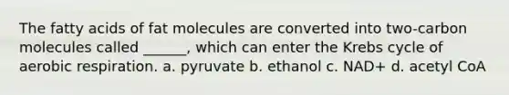 The fatty acids of fat molecules are converted into two-carbon molecules called ______, which can enter the Krebs cycle of aerobic respiration. a. pyruvate b. ethanol c. NAD+ d. acetyl CoA