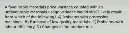 A favourable materials price variance coupled with an unfavourable materials usage variance would MOST likely result from which of the following? A) Problems with processing machines. B) Purchase of low quality materials. C) Problems with labour efficiency. D) Changes in the product mix.