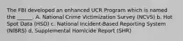 The FBI developed an enhanced UCR Program which is named the ______. A. National Crime Victimization Survey (NCVS) b. Hot Spot Data (HSD) c. National Incident-Based Reporting System (NIBRS) d. Supplemental Homicide Report (SHR)