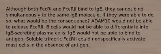 Although both FcεRI and FcεRII bind to IgE, they cannot bind simultaneously to the same IgE molecule. If they were able to do so, what would be the consequence? ADAM10 would not be able to release FcεRII. B cells would not be able to differentiate into IgE-secreting plasma cells. IgE would not be able to bind to antigen. Soluble trimeric FcεRII could nonspecifically activate mast cells in the absence of antigen.