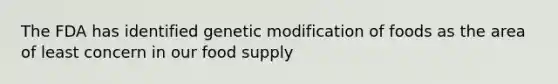 The FDA has identified genetic modification of foods as the area of least concern in our food supply