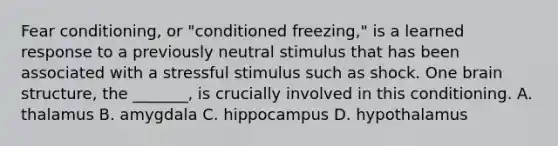 Fear conditioning, or "conditioned freezing," is a learned response to a previously neutral stimulus that has been associated with a stressful stimulus such as shock. One <a href='https://www.questionai.com/knowledge/ktoMcX4mpZ-brain-structure' class='anchor-knowledge'>brain structure</a>, the _______, is crucially involved in this conditioning. A. thalamus B. amygdala C. hippocampus D. hypothalamus