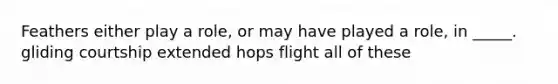 Feathers either play a role, or may have played a role, in _____. gliding courtship extended hops flight all of these