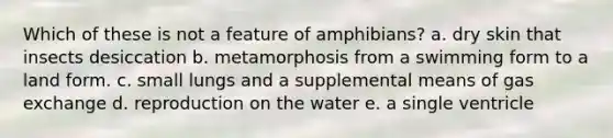 Which of these is not a feature of amphibians? a. dry skin that insects desiccation b. metamorphosis from a swimming form to a land form. c. small lungs and a supplemental means of gas exchange d. reproduction on the water e. a single ventricle