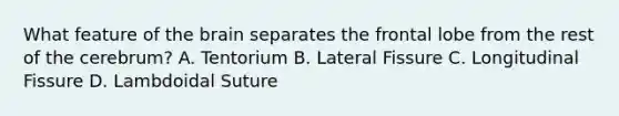 What feature of the brain separates the frontal lobe from the rest of the cerebrum? A. Tentorium B. Lateral Fissure C. Longitudinal Fissure D. Lambdoidal Suture