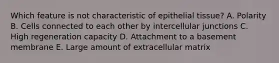 Which feature is not characteristic of epithelial tissue? A. Polarity B. Cells connected to each other by intercellular junctions C. High regeneration capacity D. Attachment to a basement membrane E. Large amount of extracellular matrix